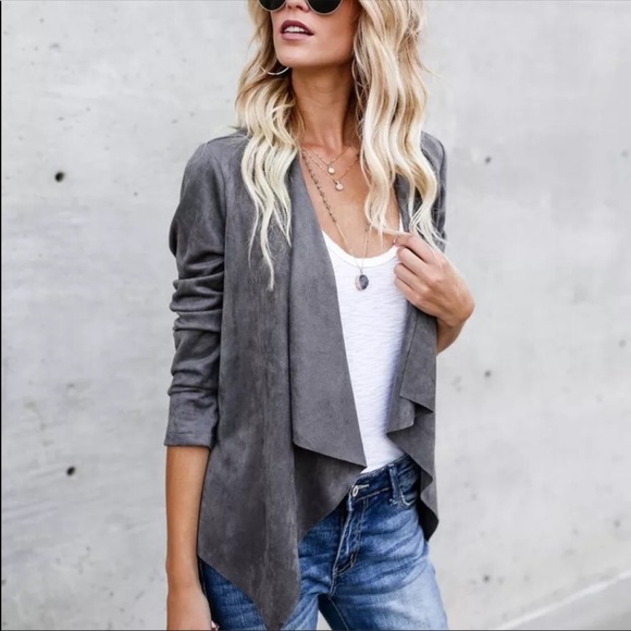 RESTOCKING SOON! Faux Suede Grey Open Cardigan - Picture 2 of 8